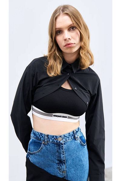 Quzu Asymmetrical Black Crop Shirt with Athlete Detail Inside