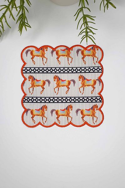 DECO Digital Printed and Embroidered Decorative Cocktail Napkin - Horse Pattern