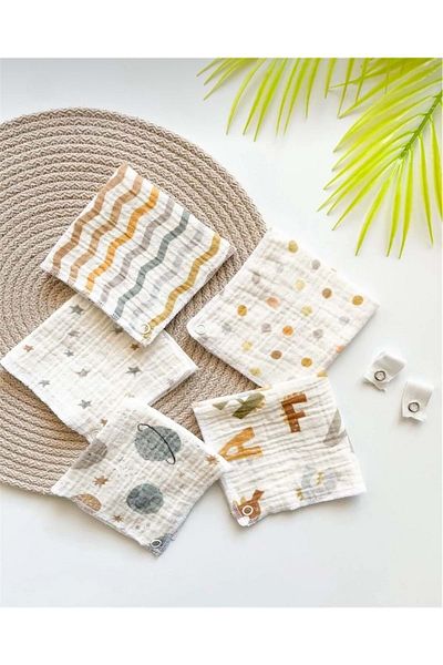 Mnk Baby&Kids 5-Piece Muslin Patterned Baby Mouth Wipes with Snap Fasteners Bib M00750 Blue