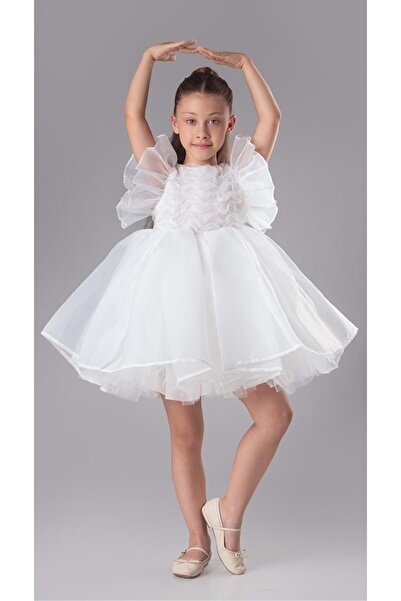 Mnk Baby&Kids Maronia Kız Çocuk Prenses Model Abiye Elbise - M00746 BEYAZ