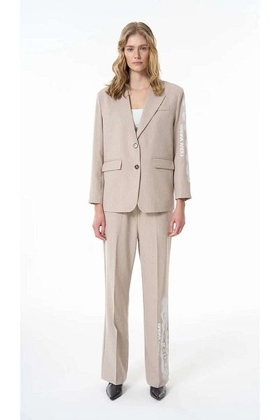 Quzu Slim Striped Blazer Beige Jacket with Printed Sleeves