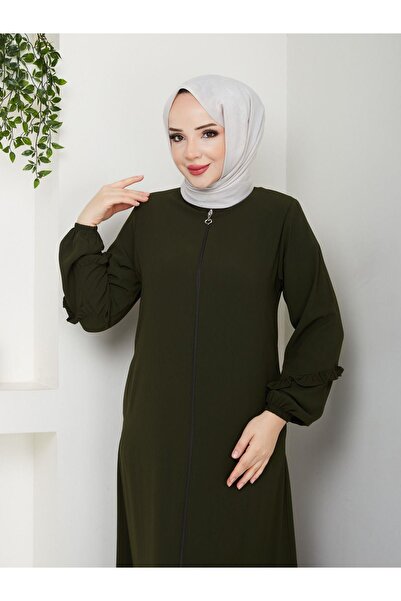 ESLEMNUR Gündelik Hac Ve Umrelik Köşeli Büzgü Detaylı Ferace -haki