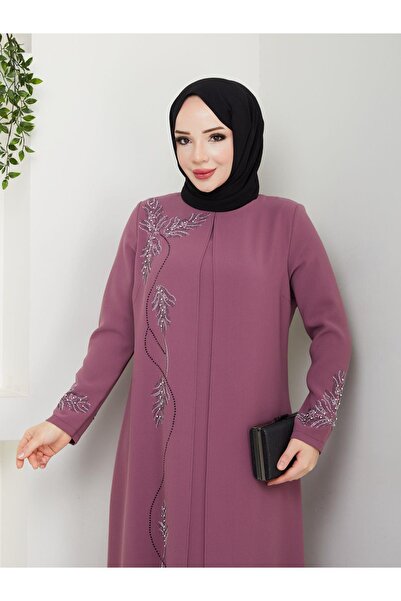 ESLEMNUR Büyük Beden Yaprak Taşlı Anne Elbisesi En7008