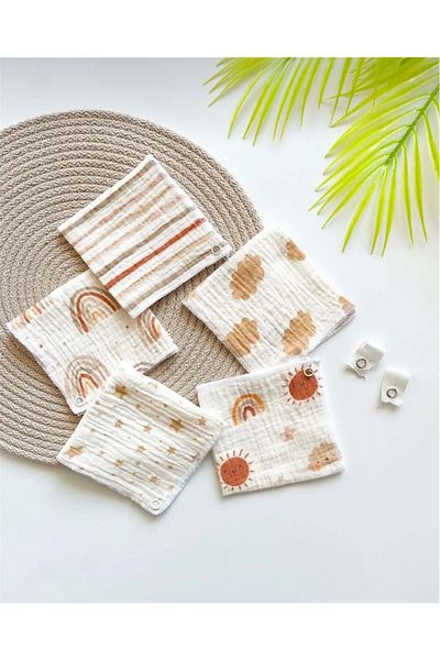 Mnk Baby&Kids 5-Piece Muslin Patterned Baby Mouth Wipes with Snap Fasteners Bib M00750 Brown