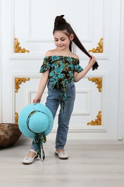 Mnk Baby&Kids Set de vară pentru fete, pălărie, pantaloni blugi, bluză M00731 Albastru