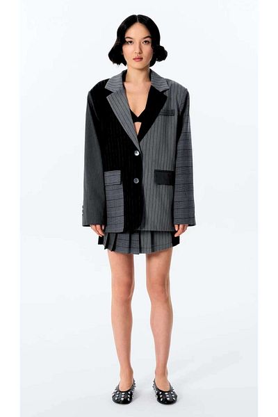 Quzu Line Matchli Double Breasted Collar Blazer Anthracite Jacket