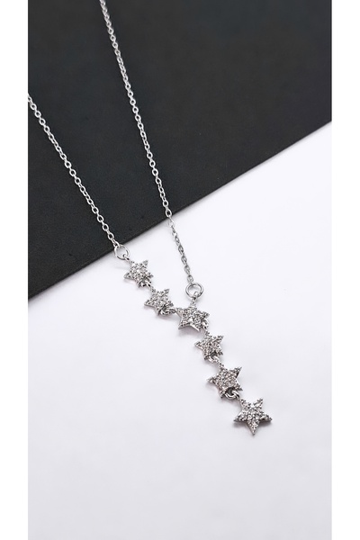 Serenity Zircon Stone Steel Necklace with Row of Stars