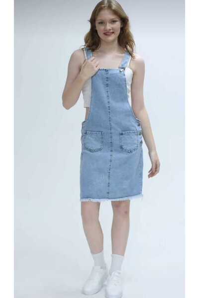 Seviliko Kadın Jeans Yandan Düğmeli Çift Cepli Etek Püskül Detay Etek Salopet