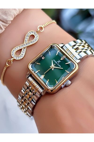 Daniel Klein Small Square New Season Green Dial Gold Color Women's Watch Bracelet Gift