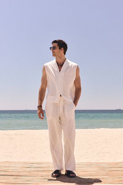 Antioch Ecru Linen Blended Sleeveless Men's Shirt