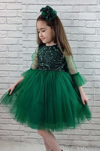 Mnk Κοριτσίστικο φόρεμα με παγιέτες τούλι 0285 Πράσινο