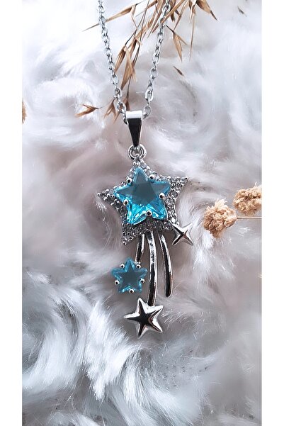 Serenity قلادة من الفولاذ على شكل نجمة ذيل الحصان من حجر الزركون الأزرق