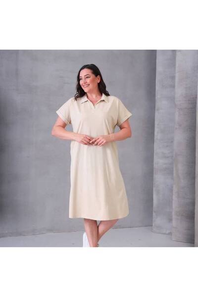 Seviliko Kadın Büyük Beden Polo Yaka Cepli Yıkamalı %100 Pamuk Modal Elbise