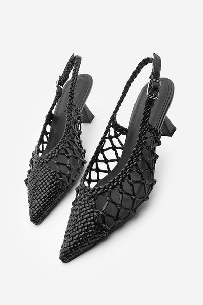 Marjin Women's Stiletto Black Shoes - Pointed Toe Hand Braided Slingback Heels Elvina