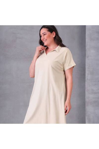 Seviliko Kadın Büyük Beden Polo Yaka Cepli Yıkamalı %100 Pamuk Modal Elbise