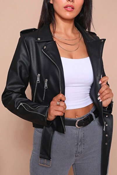 Maze Butik Jachetă de piele cu centură neagră pentru femei