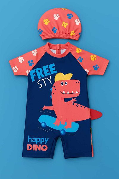 My Kids Wear Sweet Dino Themed Bonnet Boys Swimsuit Set