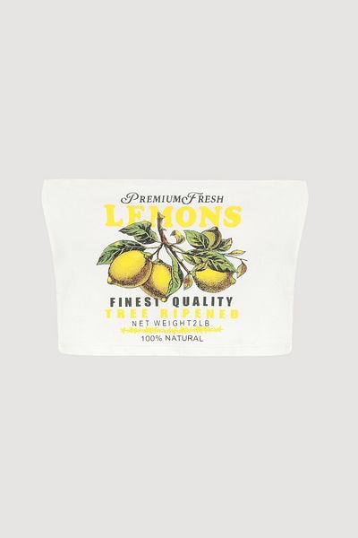 Quzu Lemon Printed Strapless Blouse Ecru
