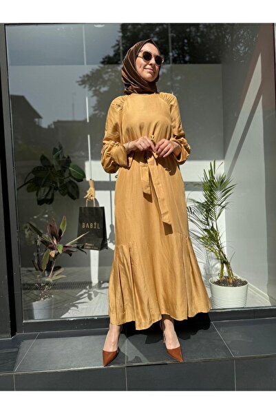VENO Sırt Nakışlı İpek Keten Kadın Tasarım Elbise Bej