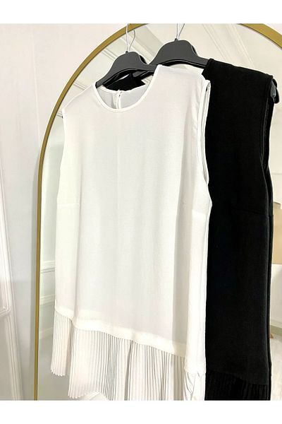 Modabenna Pleated Black Ecru 2-Piece Women's Hijab Shirt Pleated Pleated Tunic Underwear Zero Collar Sleeveless