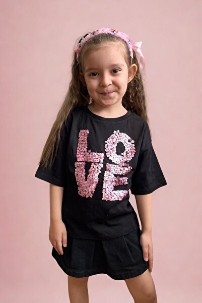 Kübra Tekstil 2474 Tricou cu slogan cu paiete negre pentru fete (4-12 ANI)