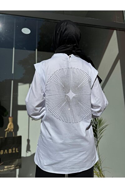 VENO Γυναικείο πουκάμισο με λευκό γιακά Degaje και πέτρινη επένδυση στην πλάτη