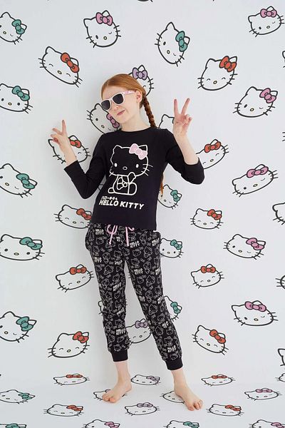Hello Kitty Dívčí černá dívčí bavlněná pyžamová souprava s dlouhým rukávem