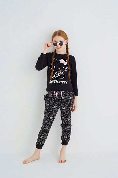 Hello Kitty Dívčí černá dívčí bavlněná pyžamová souprava s dlouhým rukávem