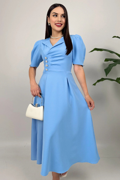 Dolcha Bellagio Kadın Mavi Ceket Yaka Balon Kollu Düğme Detaylı Atlas Elbise