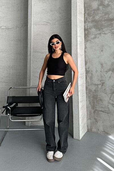 DESTEMODA بنطلون جينز نسائي من Palazzo بجيب خلفي ومغسول بالثلج مدخن 4007