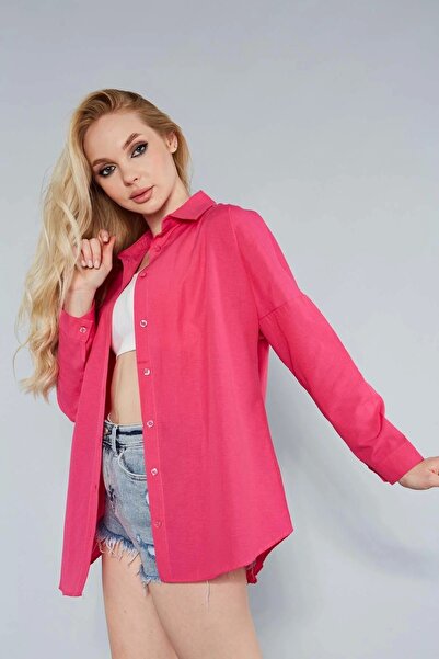 MEECY Kadın Koyu Pembe Oversize Uzun Basic Gömlek