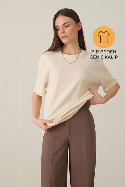 Setre Krémové 100% bavlněné tričko Crew Neck Basic s krátkým rukávem oversize