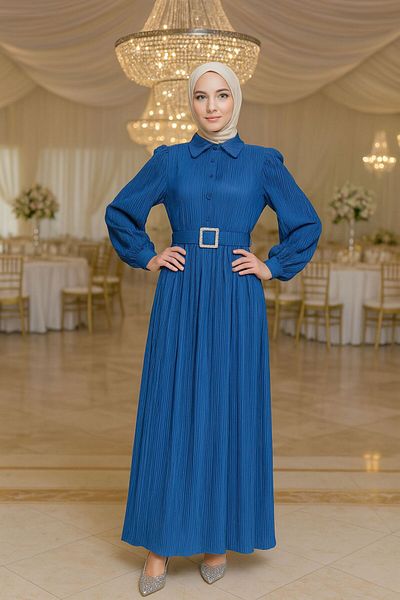 Neva Style Μπλε ινδικό φόρεμα με ζώνη πόρπης 5936ım