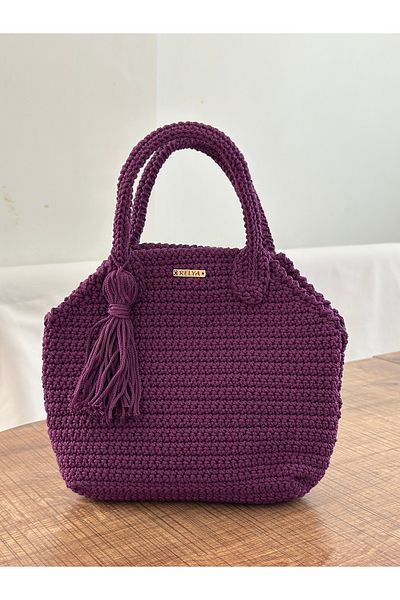 RELYA Women's Macrame Purple Tasseled Snap Fastener Knitted Handbag Width 21 cm Length 20 cm Depth 6 cm