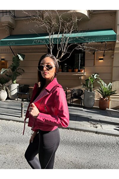 MEECY Γυναικείο δερμάτινο ροζ μπουφάν