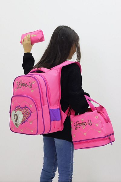 Weynes Pink Girl's 3-Piece Set Thermal Feeding Pen Holder Primary School Bag Wsb5034