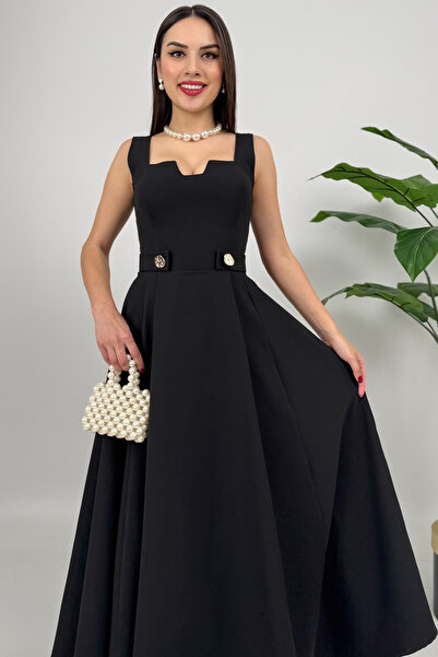 Dolcha Rosélia Kadın Siyah Düğmeli Midi Elbise – Zarif Davet ve Günlük Şıklık