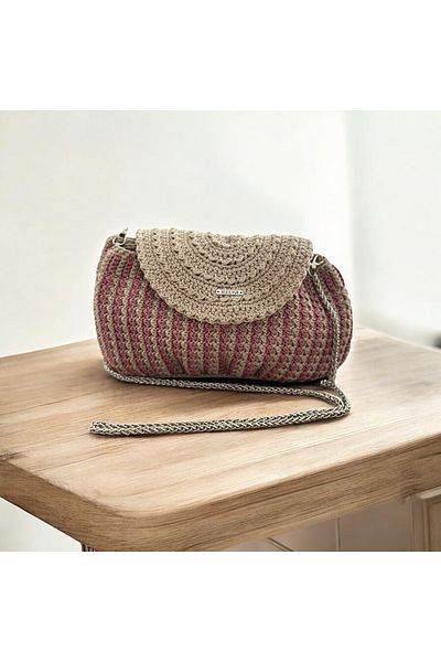 RELYA Women's Powder Cream Two-Color Snap Base Knitted Handle Shoulder Bag Width 26 cm Length 14 cm Depth 10 cm