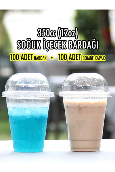 KONERPACK 100 Adet Milkshake Bardağı,plastik Soğuk Içecek Bardağı 350cc-kapak...