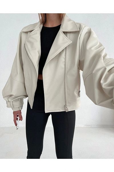 Laleli Butik Γυναικείο κρεμ δερμάτινο μπουφάν Oversize