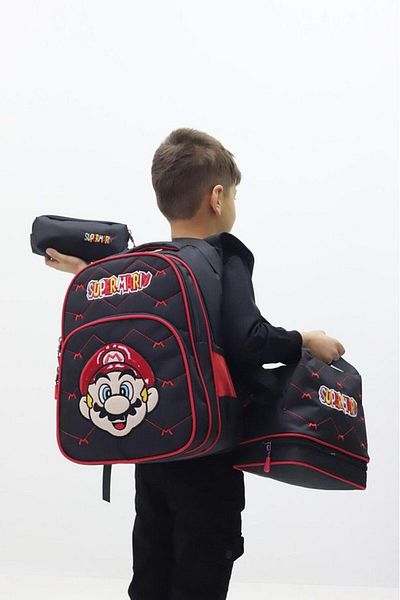 Weynes Black Mario Boy's 3-Piece Set Thermal Fed Pen Holder Primary School Bag Wsb5034