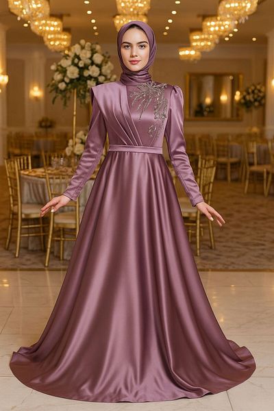 Neva Style Βραδινό φόρεμα με κεντημένο λιλά χιτζάμπ 22441lıla