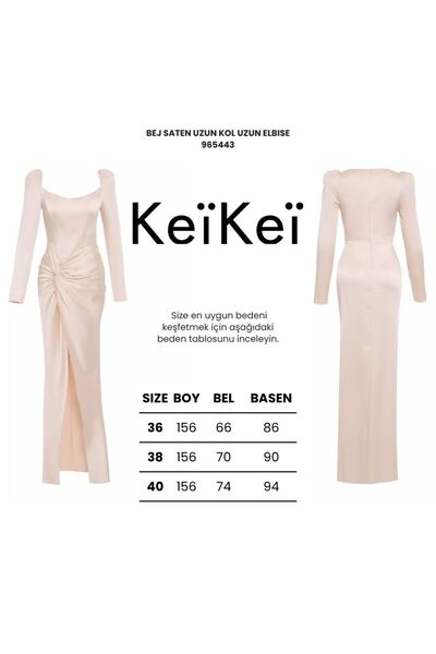 Keikei Bej saten uzun kol uzun elbise