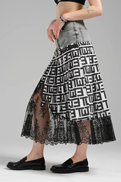 tw3 Kadın Garnili ve Dantel Detaylı Tasarım Uzun Etek
