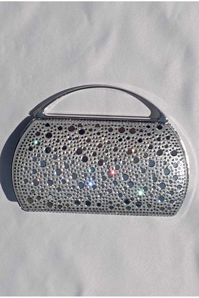 Şarra Gossi Silver Stone Evening Bag Silver Evening Dress Bag Stone Evening Dress Bag Lame Evening Dress Silver Evening Bag