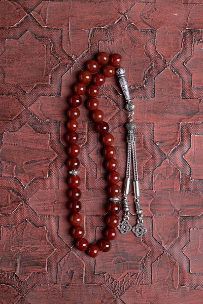 Saff Doğal Taş Certified Red Agate Prayer Beads Metal Tassel Prayer Beads