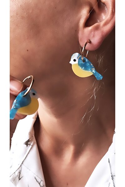 Serenity Mavi Sarı Kuş Figürlü Küpe