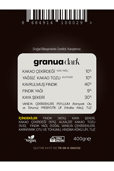 Granua Dark | Doğal Kakao Yağında Sürülebilir Dark Çikolatalı Fındık Kreması 400 gr