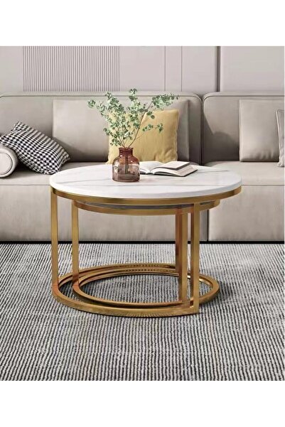 Generic مجموعة طاولات قهوة متداخلة حديثة من قطعتين، طاولة جانبية خشبية، طاولة دائرية متداخلة بسيطة، مصنوعة من الفولاذ المتين F