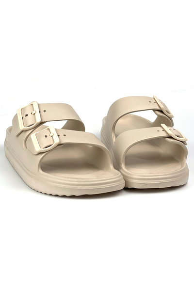 KAJILA Unisex Beige Double Buckle Non-Slip Sole Adjustable Lightweight Daily Beach Slippers